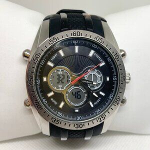 Men’s analog digital watch multifunction 45mm silver black tone case running